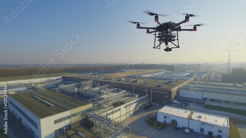 A drone capturing footage of a large factory as part of an advanced perimeter security system.