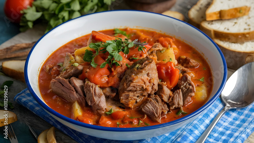 A hearty bowl of Salona, a slow-cooked meat and vegetable stew in a rich tomato-based broth, featuring chunks of meat and vegetables, topped with fresh herbs.