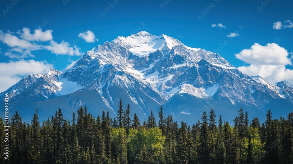 Snowy Mountain Range with Clear Blue Skies and a Foreground of Pine Trees Snowy Mountain Range with Clear Blue Skies and a Foreground of Pine Trees