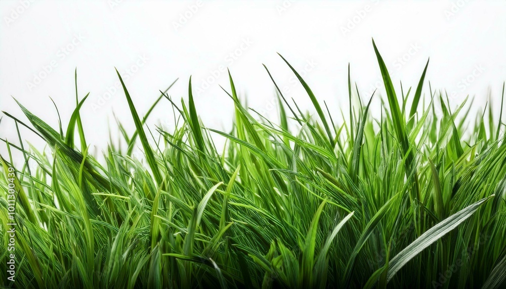 Fototapeta premium a patch of fresh, vibrant green grass isolated on a clean white background, capturing the essence of nature and the growth of spring and summer