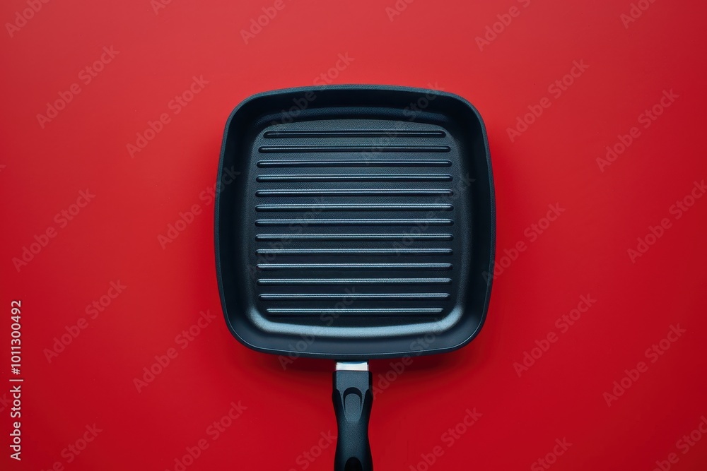 A black grill pan placed on a vibrant red background A black grill pan placed on a vibrant red background