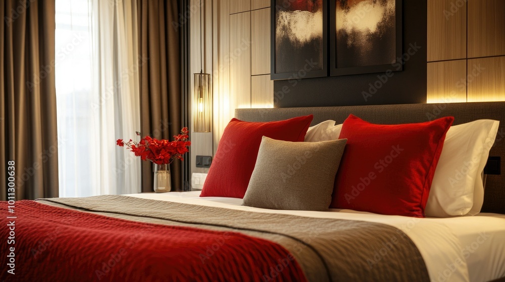 Luxury hotel bedroom with red pillows and throws, featuring stylish decor and a cozy ambiance for a romantic stay. Luxury hotel bedroom with red pillows and throws, featuring stylish decor and a cozy ambiance for a romantic stay.