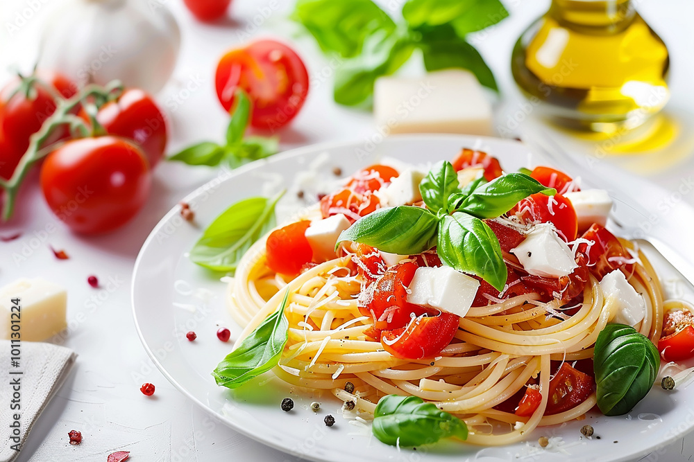 Image of spaghetti with tomatoes and feta on a white plate. And fresh basil leaves. Image of spaghetti with tomatoes and feta on a white plate. And fresh basil leaves.
