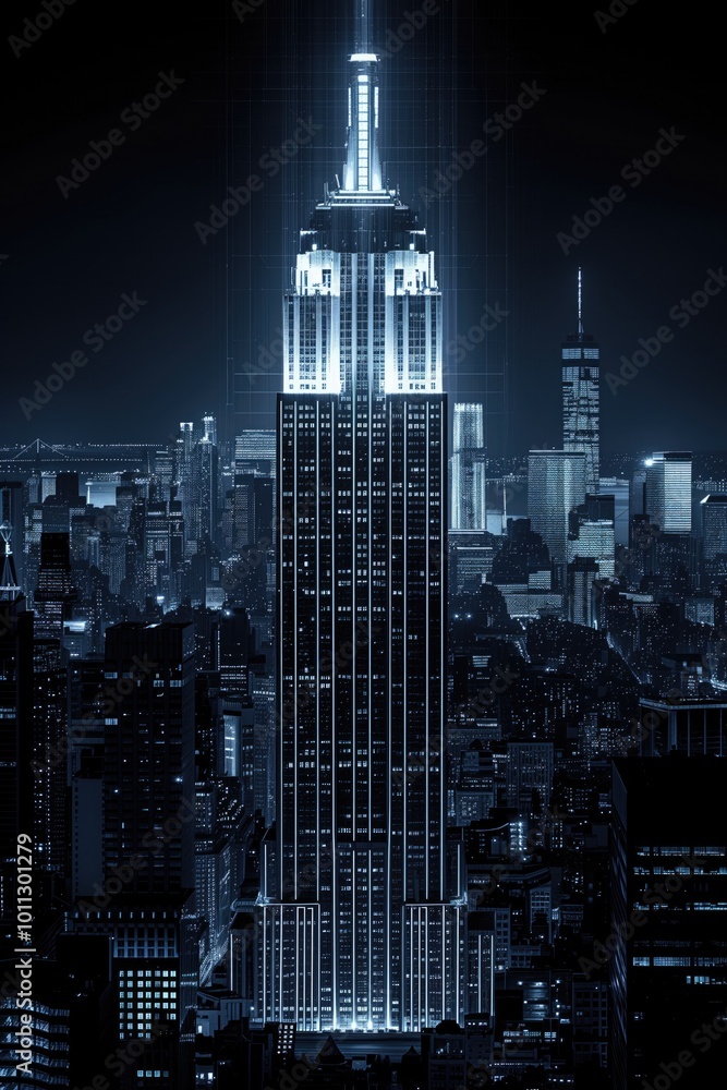 Obraz premium an architectural line drawing of a skyscraper and city skyline in vector graphics format with a black background 