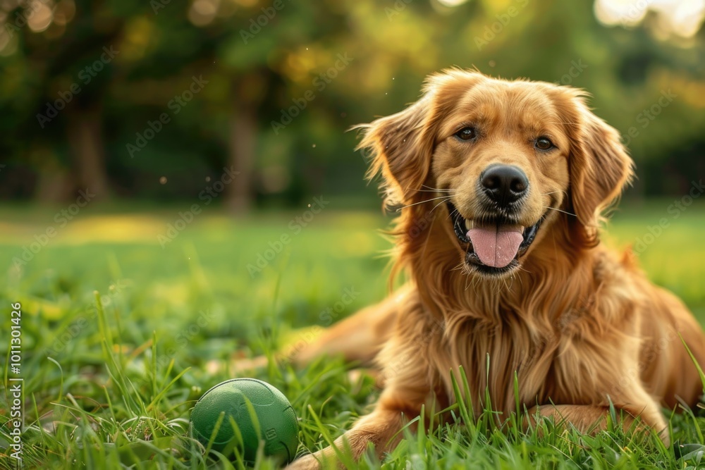 Dog Green. Cute Golden Retriever Playing with Rubber Ball on Grass Lawn Dog Green. Cute Golden Retriever Playing with Rubber Ball on Grass Lawn