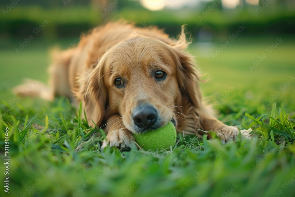Dog Green. Golden Retriever Playing with Ball on Green Lawn in Park Dog Green. Golden Retriever Playing with Ball on Green Lawn in Park