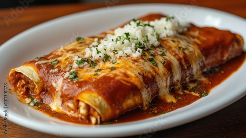 Mexican chicken enchiladas on a white plate, garnished with cheese and a flavorful tomato sauce.