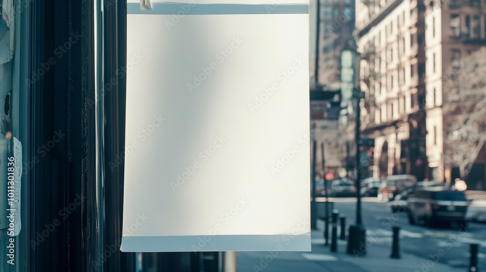 blank poster hanging on storefront window in urban setting captured in daylight blank poster hanging on storefront window in urban setting captured in daylight