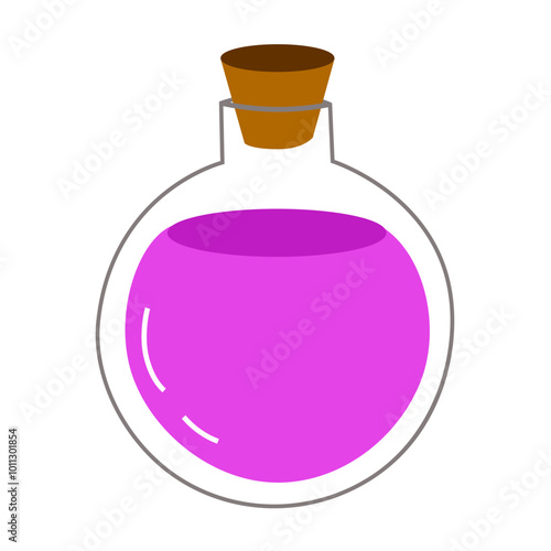 Illustration of cartoon flasks with potion. Game potion. Magic phials 2D game UI icon asset, magic bottles for witchcraft, cartoon elixir, love potion poison and antidote.
