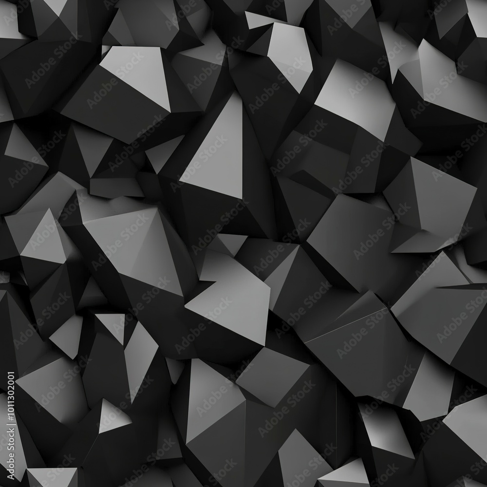 Fototapeta premium Black 3D Geometric Seamless Pattern Texture of Angular Shapes and Prisms Background: Angular geometric shapes and prisms in varying orientations result in a dynamic and architectural-inspired design.