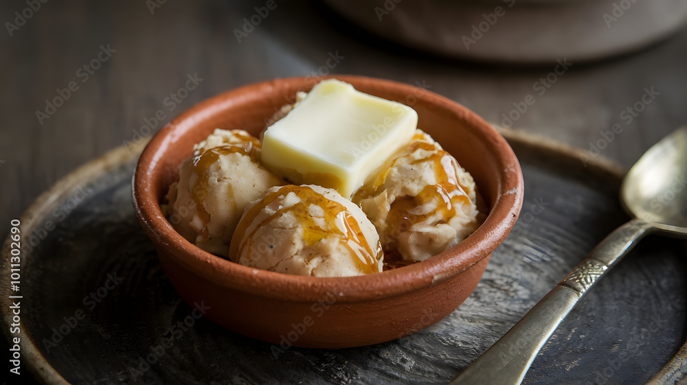 A small, rustic clay dish filled with Areeka, a soft dessert made from dates and honey, garnished with a pat of melting butter for added richness.
A small, rustic clay dish filled with Areeka, a soft dessert made from dates and honey, garnished with a pat of melting butter for added richness.