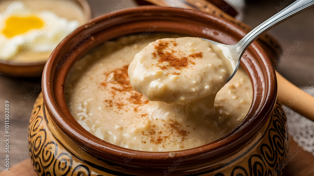 A creamy bowl of Harees with a buttery sheen, served in a clay pot. A spoon lifts the thick, wheat-based porridge, showcasing its hearty texture, garnished with ghee or cinnamon.
A creamy bowl of Harees with a buttery sheen, served in a clay pot. A spoon lifts the thick, wheat-based porridge, showcasing its hearty texture, garnished with ghee or cinnamon.