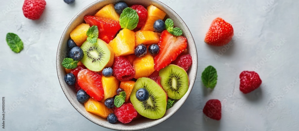 Bowl of fresh fruit salad with kiwi, mango, strawberries, raspberries, and blueberries. Bowl of fresh fruit salad with kiwi, mango, strawberries, raspberries, and blueberries.
