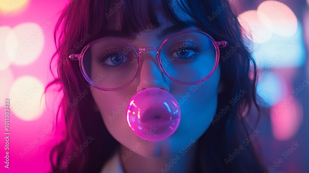 A young woman blowing a bubblegum bubble in vibrant lighting. A young woman blowing a bubblegum bubble in vibrant lighting.