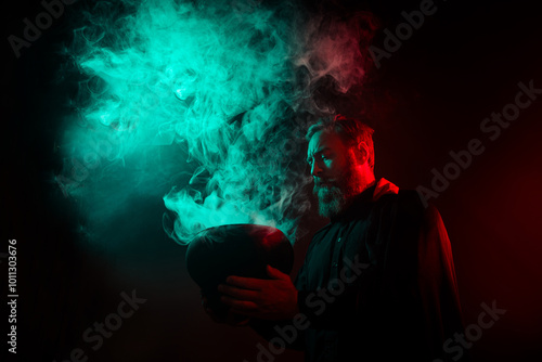 Fotografija Photo of sorcerer conjurer hold cauldron magic halloween spooky ritual isolated