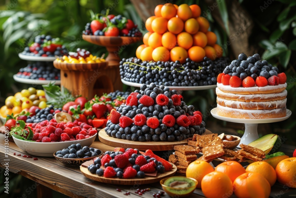 A vibrant display of fresh fruits including oranges, berries, and kiwis, arranged in a stunning fruit feast for a celebration.
A vibrant display of fresh fruits including oranges, berries, and kiwis, arranged in a stunning fruit feast for a celebration.