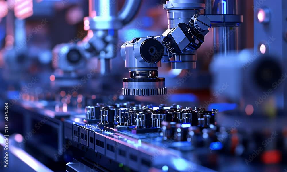 A robotic arm working on a conveyor belt in a high-tech industrial setting. A robotic arm working on a conveyor belt in a high-tech industrial setting.