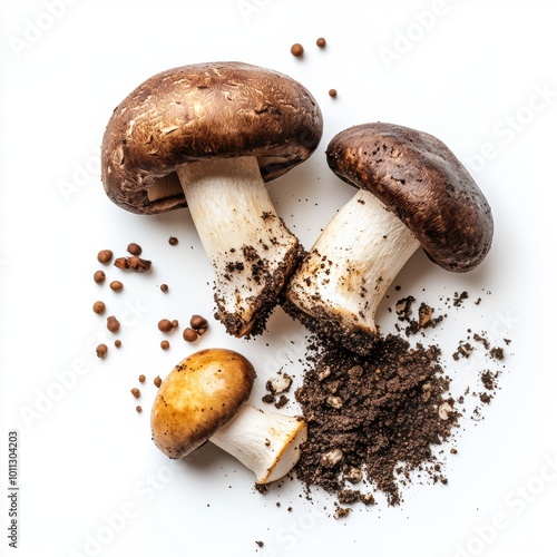 Collection of Fresh Porcini (Boletus Edulis), buttton and shitake Mushrooms with Soil and Whole Varieties – Gourmet Wild Fungi Isolated on white Background for Culinary and Foraging concept photo