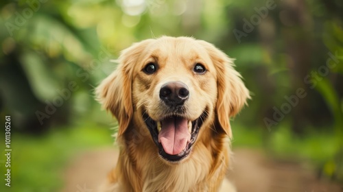 Golden retriever dog smiling in a park