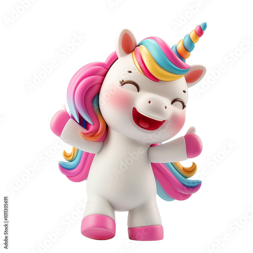 Cheerful girl unicorn cartoon character in 3d style design with colorful rainbow mane hair standing happily with hands up. Cute fairytale fantasy animal concept