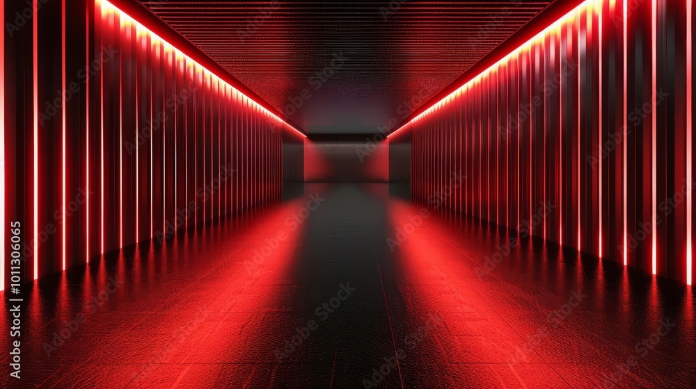 Dark tunnel with red neon lights and reflective floor. Dark tunnel with red neon lights and reflective floor.