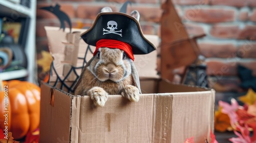 Cute rabbit dressed as a pirate for Halloween, peeking out of a cardboard box. photo