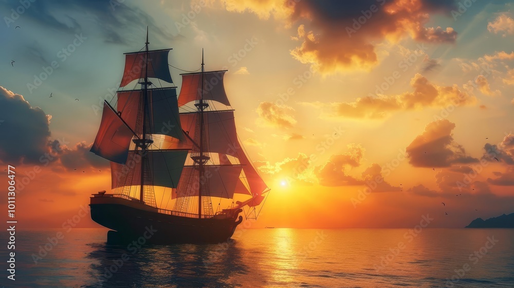 A lone sailboat sails across the ocean at sunset. A lone sailboat sails across the ocean at sunset.
