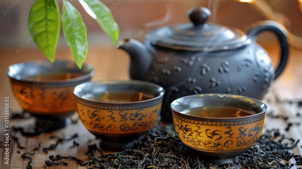 Steaming cups of tea and teapot with loose leaf tea on a wooden table. Steaming cups of tea and teapot with loose leaf tea on a wooden table.
