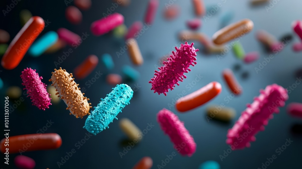 Resistant bacteria on food surfaces, contamination issue, 3D illustration Resistant bacteria on food surfaces, contamination issue, 3D illustration