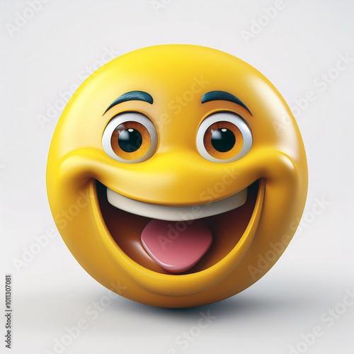 3D smiling emoji face with bright eyes and wide smile, symbolizing happiness and positivity