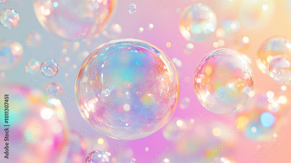 Iridescent bubbles floating against a pastel background. Iridescent bubbles floating against a pastel background.