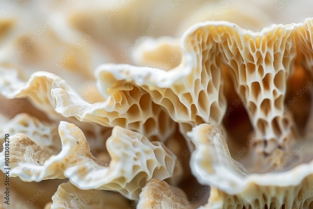 Closeup of a white and tan mushroom with a honeycomb texture. Closeup of a white and tan mushroom with a honeycomb texture.