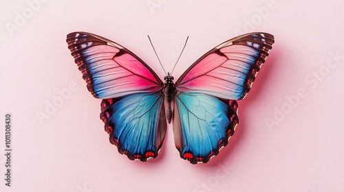 Beautiful colorful butterfly with pink and blue wings on a white background