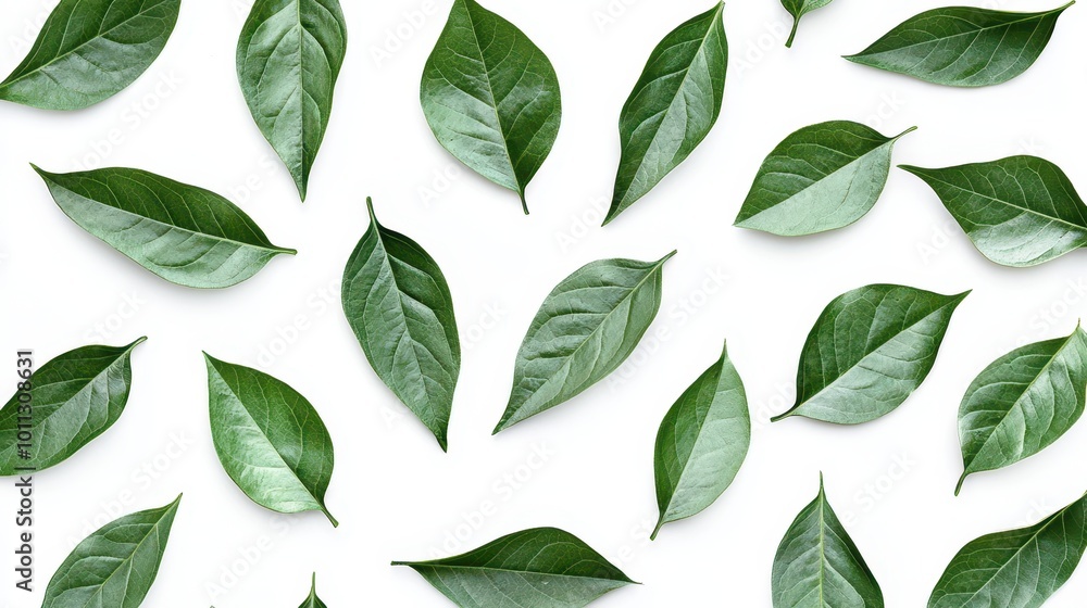 Fototapeta premium A pattern of green leaves with a glossy finish arranged symmetrically on a clean white backdrop, creating a calming visual.