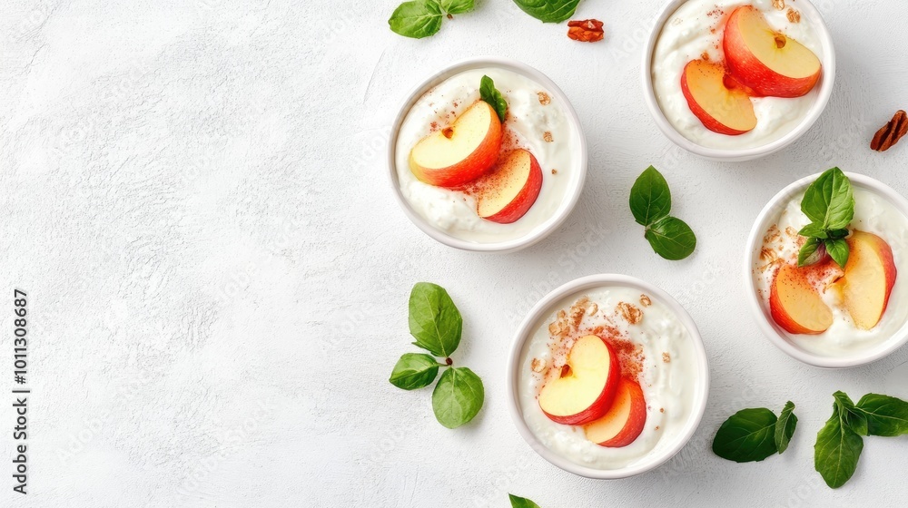 Fresh Yogurt with Apple Slices and Mint Garnish Fresh Yogurt with Apple Slices and Mint Garnish