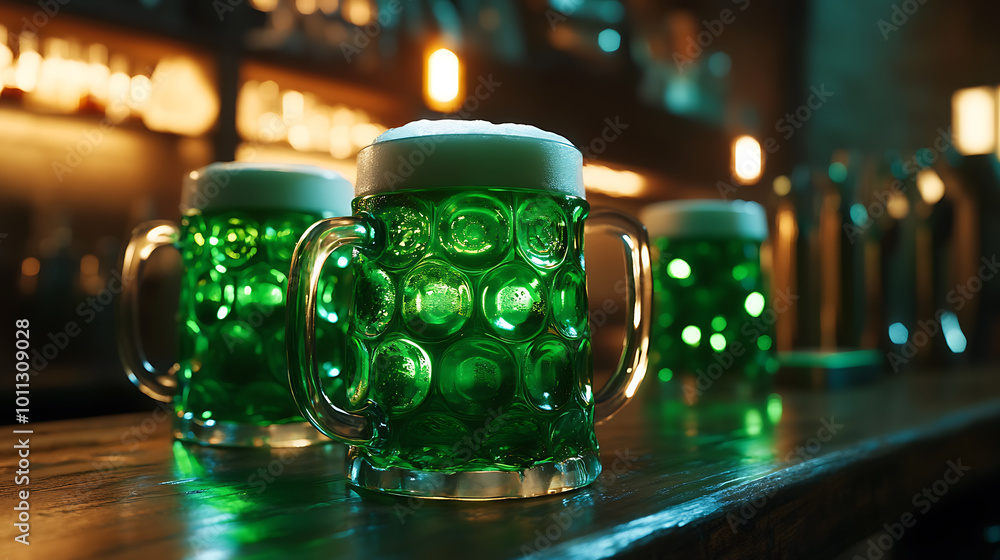 Festive green beer mugs on counter create lively atmosphere Festive green beer mugs on counter create lively atmosphere