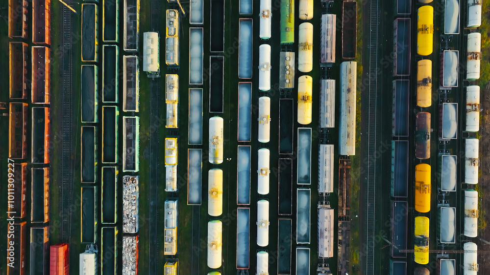 Aerial view of freight trains parked in a railway yard. An aerial shot of a railway yard filled with an organized array of freight trains. Aerial view of freight trains parked in a railway yard. An aerial shot of a railway yard filled with an organized array of freight trains.