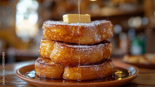 Enjoy how delicious this homemade French toast is! Thick slices of fluffy bread coated in eggs and deep-fried until golden brown. Add syrup, powdered sugar, and butter on top. Delectable morning delic photo