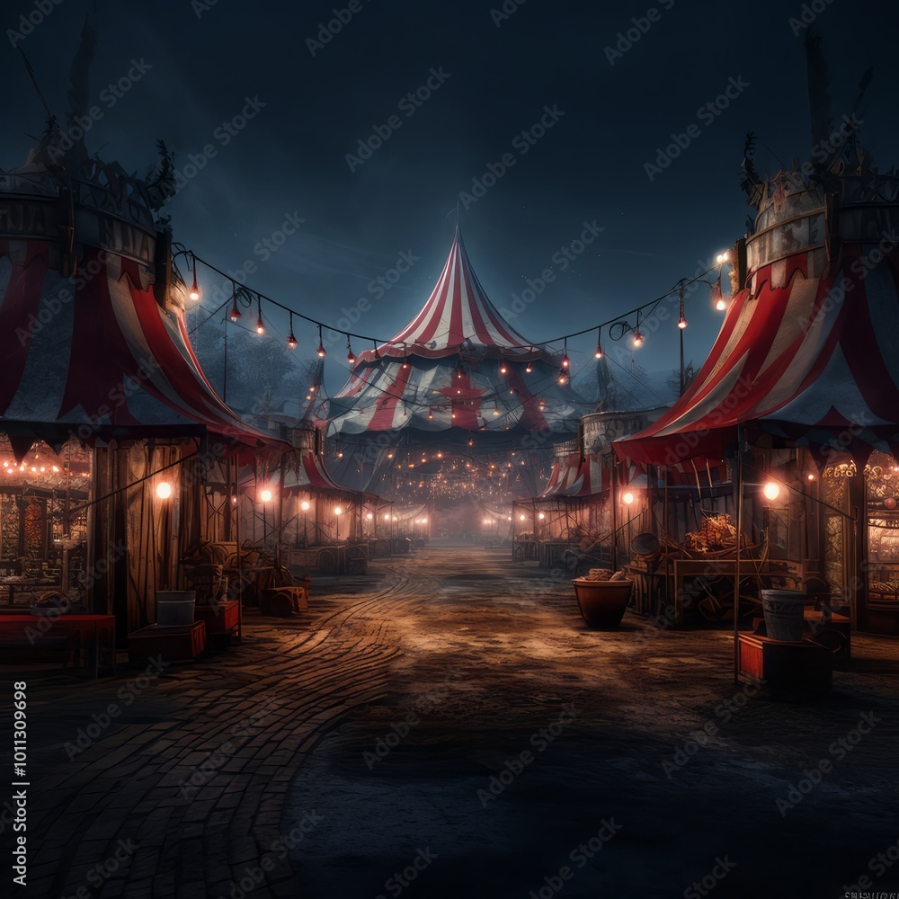 Obraz premium A vibrant carnival taking place at night, featuring a dazzling ferris wheel and a variety of colorful tents all around the area