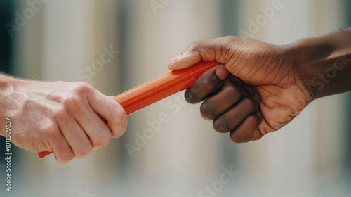 Baton Exchange in Relay Race, dynamic moment capturing the essence of teamwork, focus on the smooth transition between runners, energy and determination evident in every detail