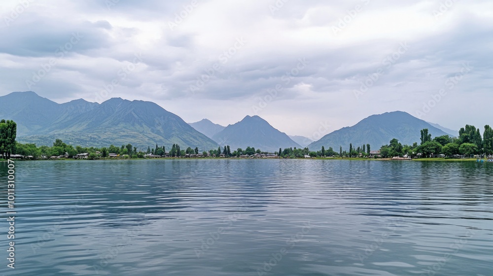 Calm Dal Lake in Srinagar, Kashmir, with breathtaking mountains in the background Calm Dal Lake in Srinagar, Kashmir, with breathtaking mountains in the background