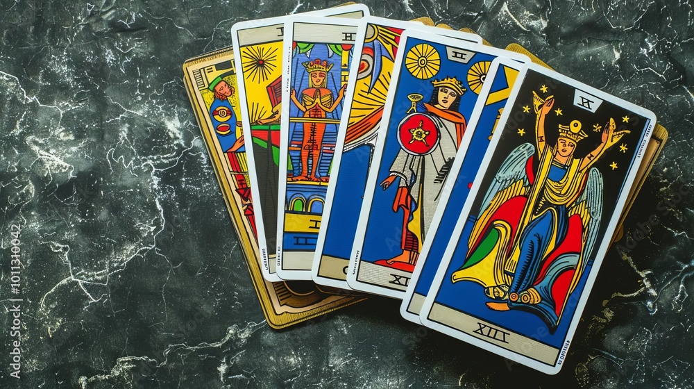 Obraz premium Tarot cards spread out on a table, showing various suits and symbols.