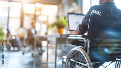 Rear view of a businessman working at a desk in a wheelchair in a modern office.