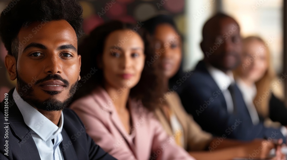 Diverse group of business professionals in a meeting room, looking at the camera. Diverse group of business professionals in a meeting room, looking at the camera.