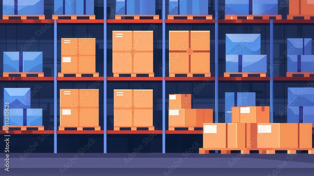 Warehouse Logistics, a vibrant flat design illustration showcasing a fulfillment center filled with neatly arranged packages prepared for swift shipping and delivery. Warehouse Logistics, a vibrant flat design illustration showcasing a fulfillment center filled with neatly arranged packages prepared for swift shipping and delivery.