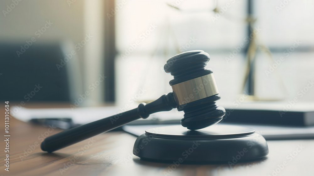 Gavel resting on a desk surrounded by blurred legal documents, symbolizing the essence of justice, law, and the legislative process in action Gavel resting on a desk surrounded by blurred legal documents, symbolizing the essence of justice, law, and the legislative process in action