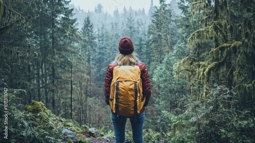 A person standing at the edge of a forest, looking into the deep, dark woods, symbolizing mystery and adventure.