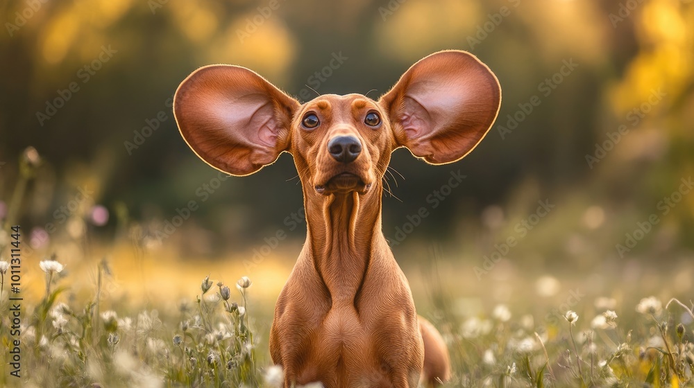 Playful Dog With Oversized Ears in Sunny Field Playful Dog With Oversized Ears in Sunny Field
