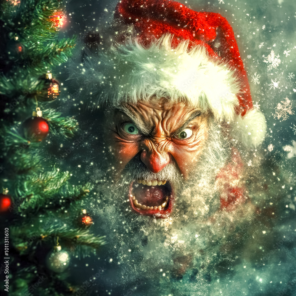 Bad santa shouting with an evil expression near christmas tree Bad santa shouting with an evil expression near christmas tree