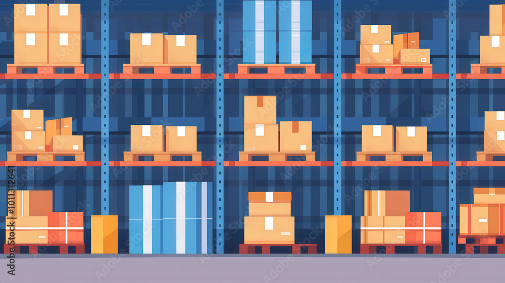 Warehouse filled with neatly arranged parcels, organized inventory, vibrant flat design, showcasing efficient logistics and modern storage solutions. Warehouse filled with neatly arranged parcels, organized inventory, vibrant flat design, showcasing efficient logistics and modern storage solutions.